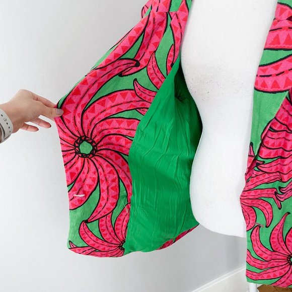 Farm Rio Linen Blazer Jacket Womens Size Small Pink Green Banana Pitta Oversized - Picture 8 of 12